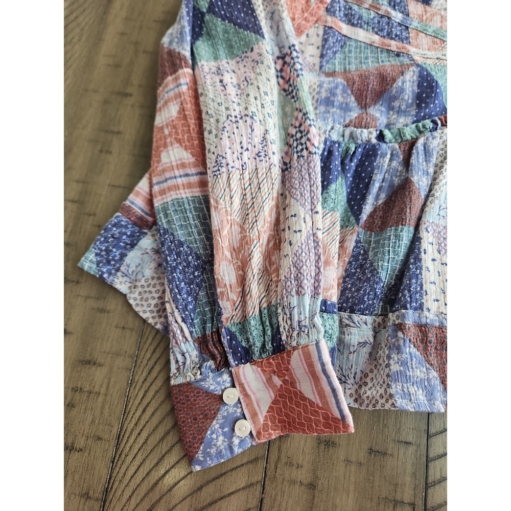 American Eagle Blouse M Pink Patchwork Babydoll Cropped Boho CottageCore Gauzey - Picture 13 of 14